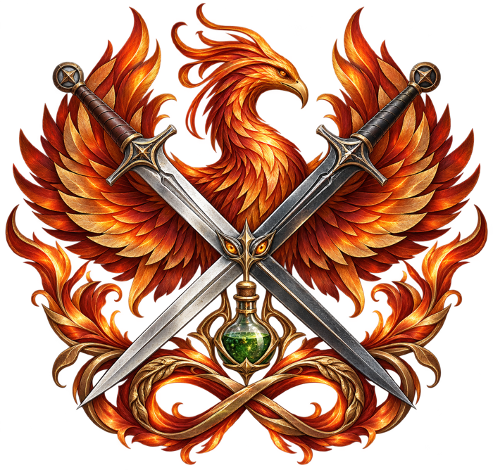 A fiery phoenix with crossed swords, an alchemy vial, and an infinity knot — the Korsin and Talia crest.